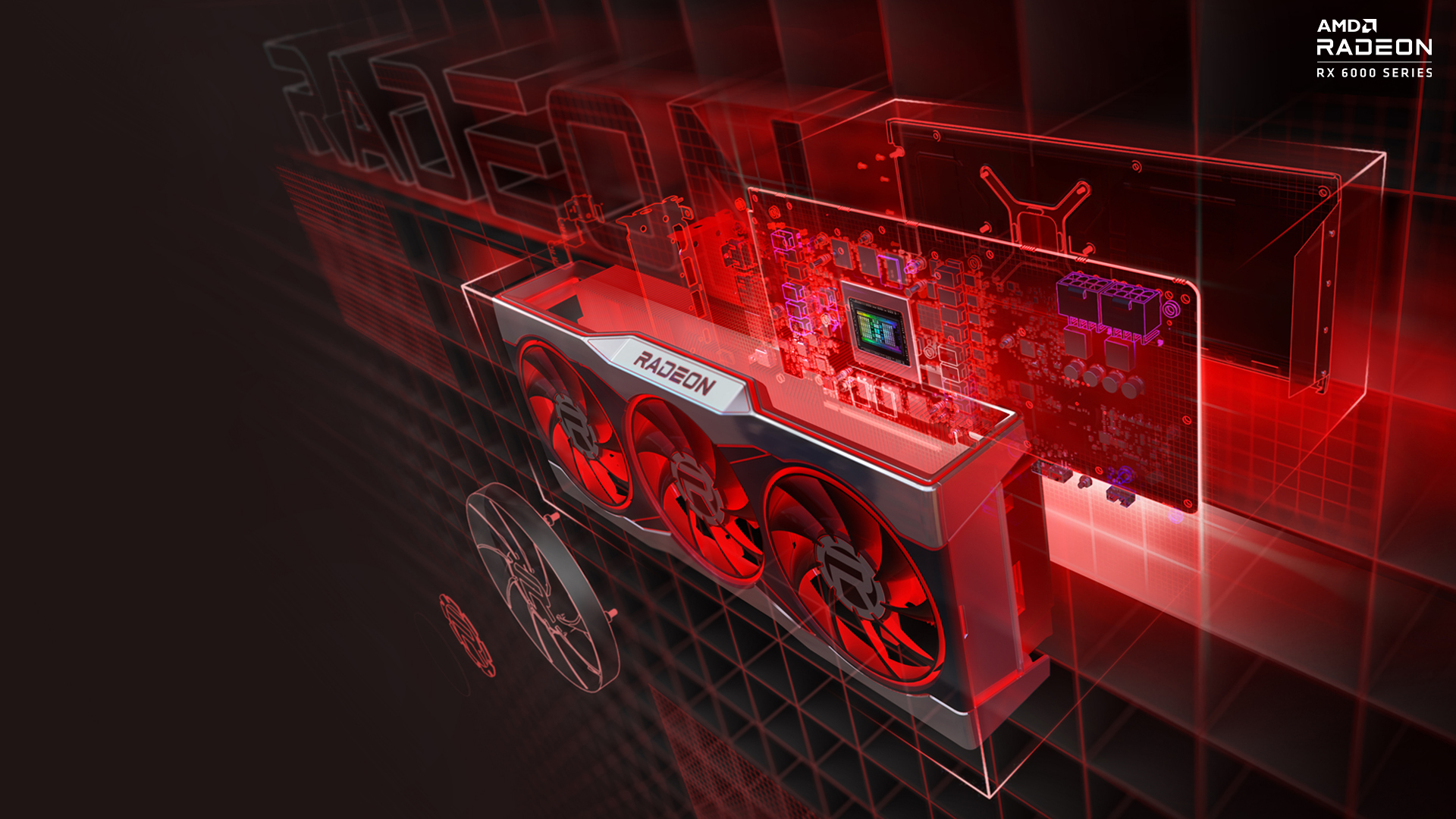 Official AMD Radeon RX 6000 reference-card exploded assembly illustration, supplied for RX 6800 and RX 6800 XT; representative technical series artwork, not an exact SKU photograph